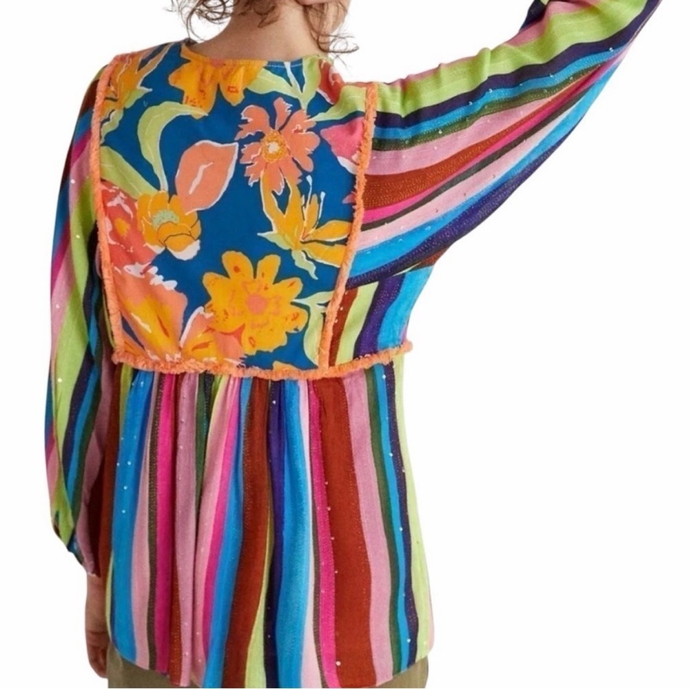 Anthropologie Verb Pallavi Singhee Floral Striped Beaded Boho Babydoll Blouse - Picture 9 of 11